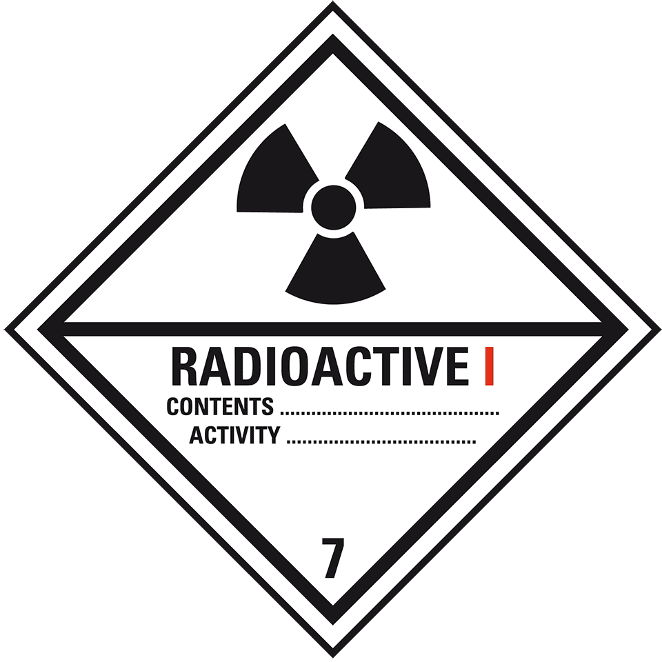 ADR klasse 7a, betastraling, radioactief symbool, wit